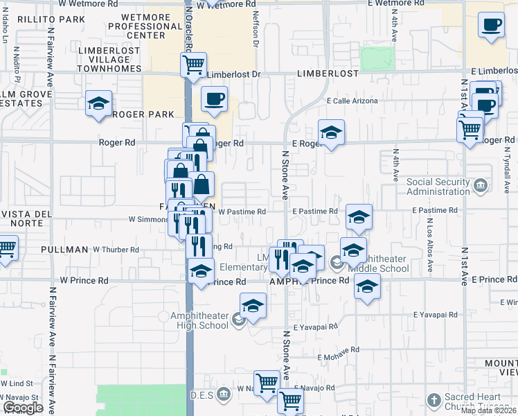 map of restaurants, bars, coffee shops, grocery stores, and more near 201 West Pastime Road in Tucson