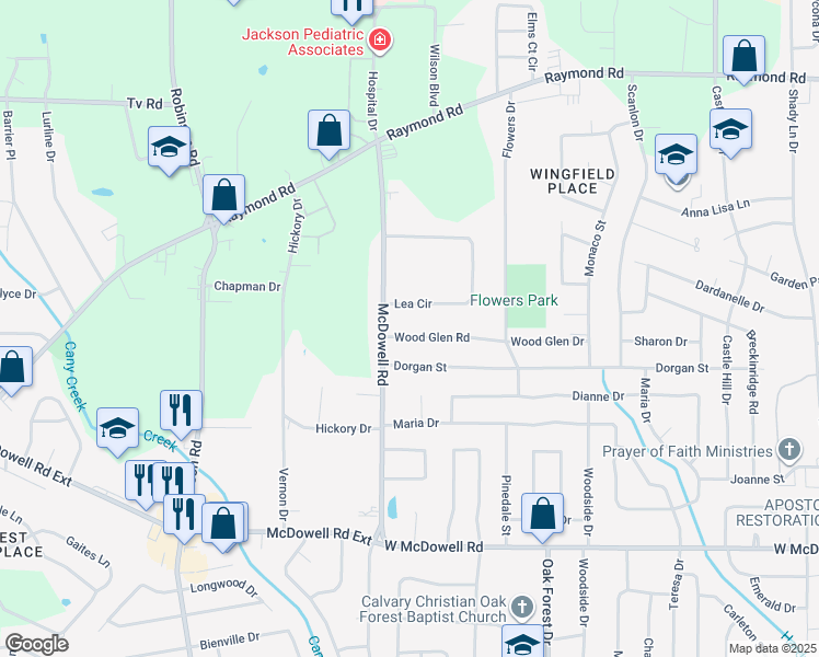 map of restaurants, bars, coffee shops, grocery stores, and more near 1780 Wood Glen Drive in Jackson