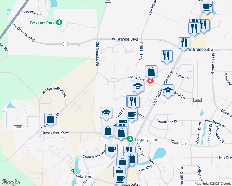 map of restaurants, bars, coffee shops, grocery stores, and more near 2278 Pinnacle Circle in Tyler
