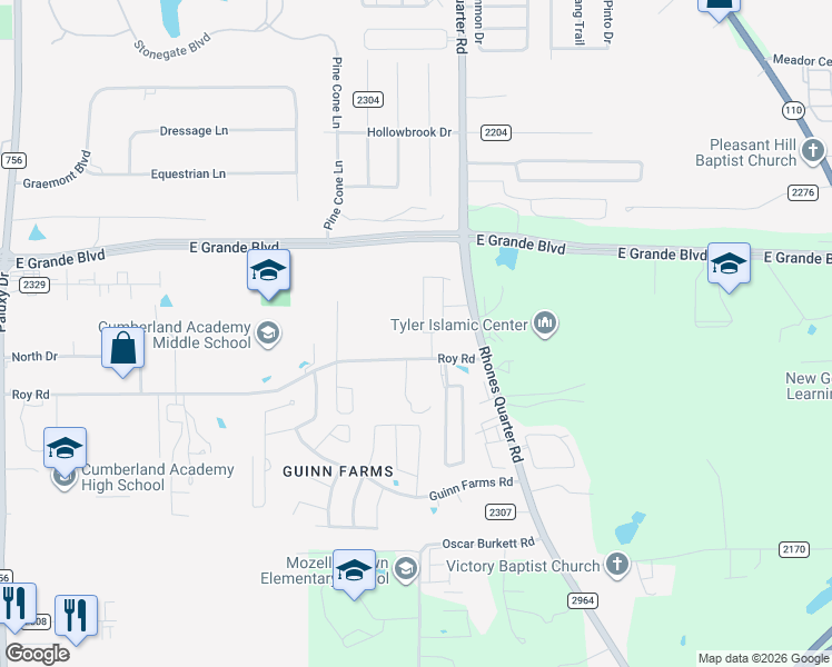 map of restaurants, bars, coffee shops, grocery stores, and more near 2816 Roy Road in Tyler
