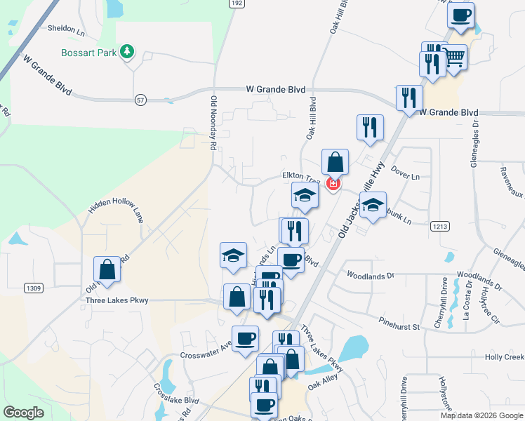map of restaurants, bars, coffee shops, grocery stores, and more near 6686 Lacebark Circle in Tyler