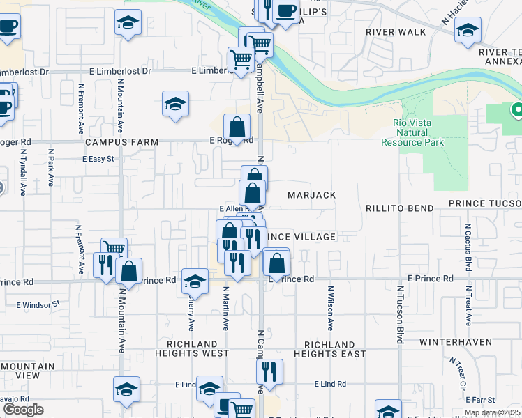 map of restaurants, bars, coffee shops, grocery stores, and more near N Campbell Ave & E Allen Rd in Tucson