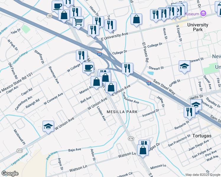 map of restaurants, bars, coffee shops, grocery stores, and more near 101-199 East Union Avenue in Las Cruces