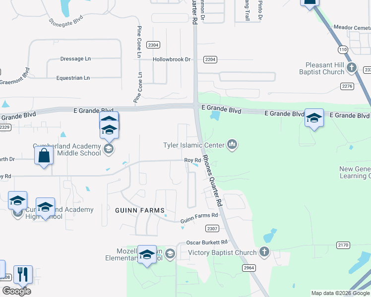 map of restaurants, bars, coffee shops, grocery stores, and more near 3561-7441 Roy Road in Tyler