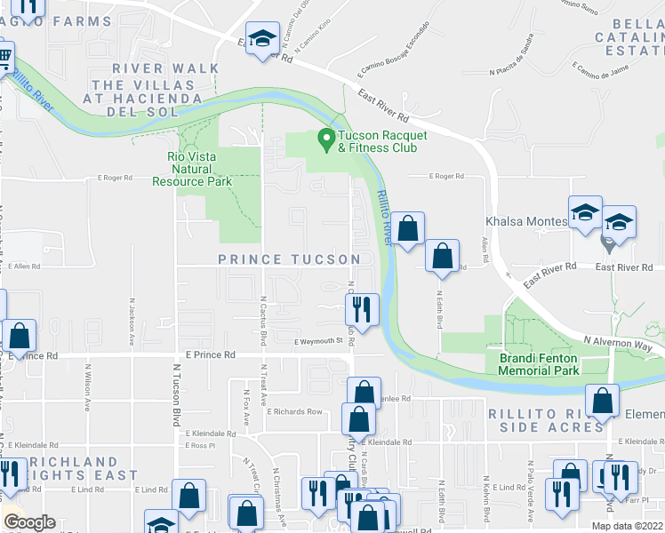 map of restaurants, bars, coffee shops, grocery stores, and more near 3737 North Country Club Road in Tucson