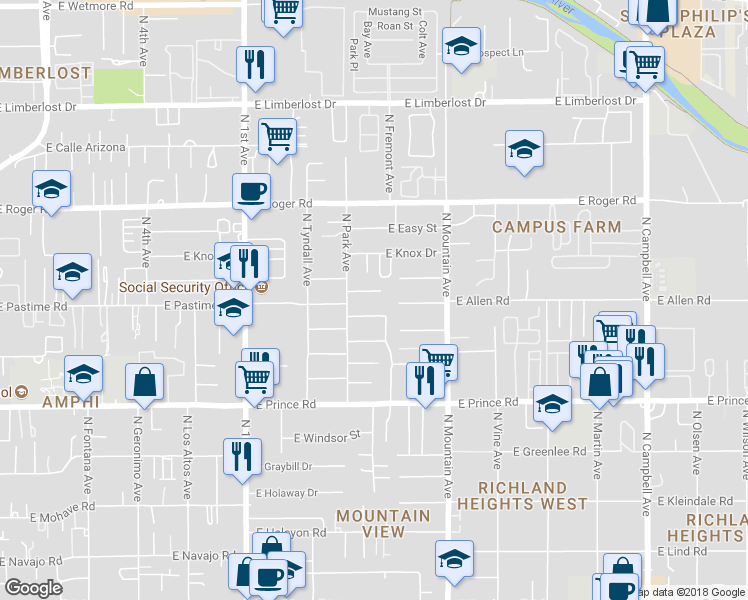 map of restaurants, bars, coffee shops, grocery stores, and more near 1043 East Simmons Street in Tucson