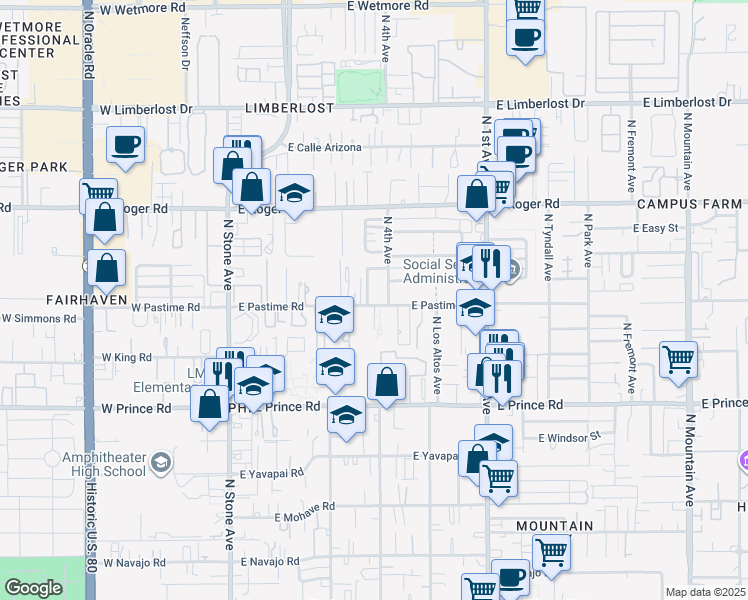map of restaurants, bars, coffee shops, grocery stores, and more near 400 East Pastime Road in Tucson
