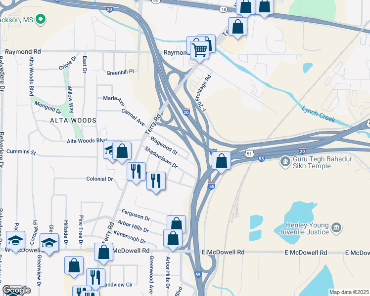 map of restaurants, bars, coffee shops, grocery stores, and more near 170 Angle Drive in Jackson