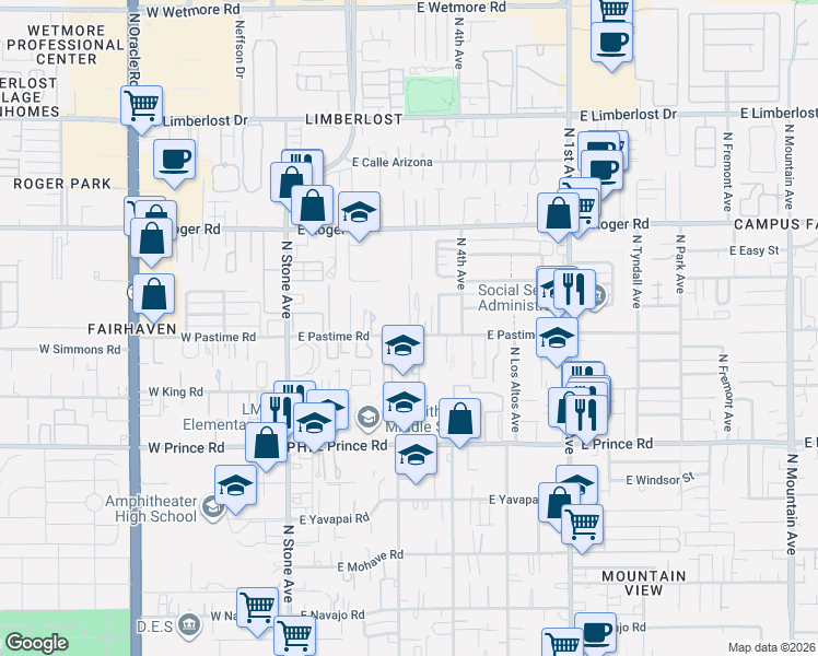 map of restaurants, bars, coffee shops, grocery stores, and more near 299 East Pastime Road in Tucson