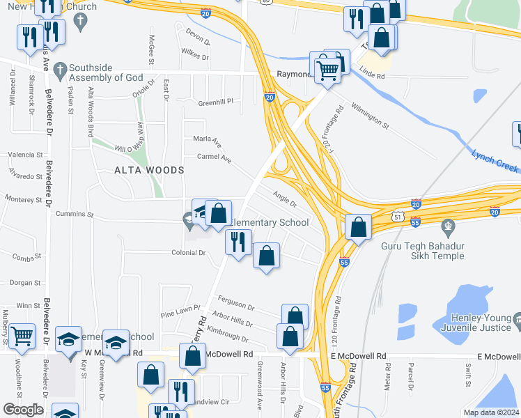 map of restaurants, bars, coffee shops, grocery stores, and more near 124 Shadowlawn Drive in Jackson