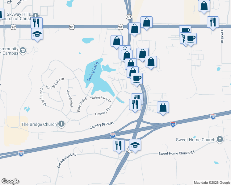 map of restaurants, bars, coffee shops, grocery stores, and more near 738 Spring Lake Dr in Pearl