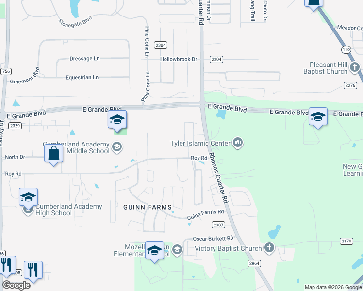 map of restaurants, bars, coffee shops, grocery stores, and more near 2816 Roy Road in Tyler