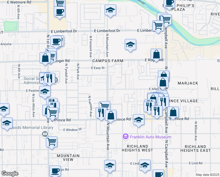 map of restaurants, bars, coffee shops, grocery stores, and more near 1311 East Allen Road in Tucson