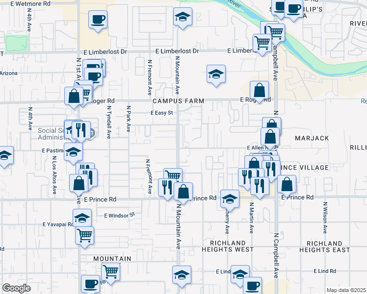 map of restaurants, bars, coffee shops, grocery stores, and more near 1323 East Allen Road in Tucson
