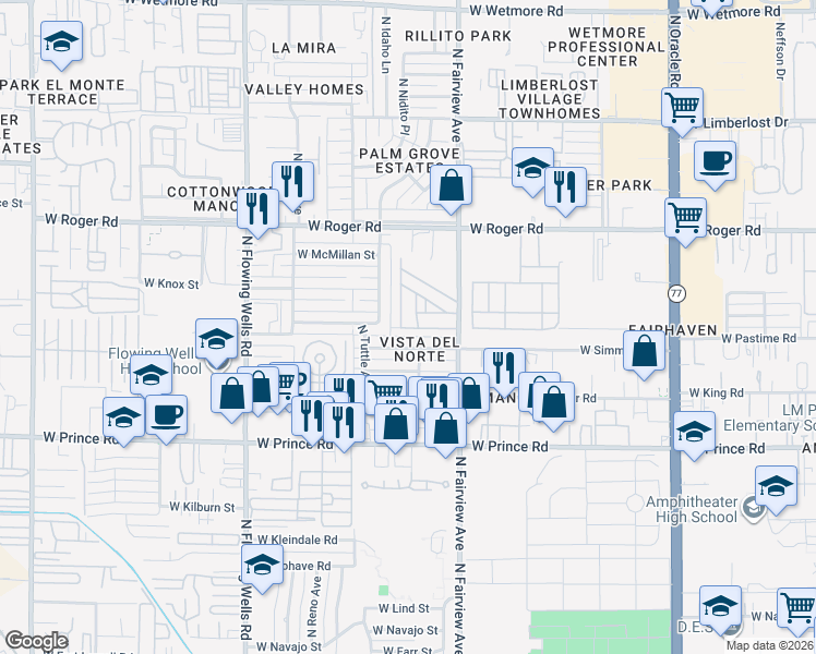 map of restaurants, bars, coffee shops, grocery stores, and more near 940 West Simmons Street in Tucson