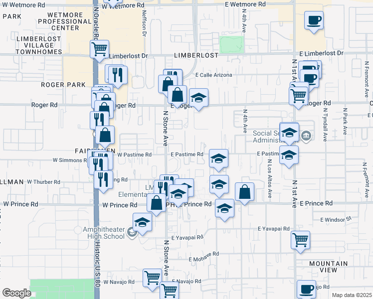 map of restaurants, bars, coffee shops, grocery stores, and more near 3808 North Pasatiempo Place in Tucson