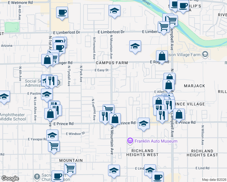 map of restaurants, bars, coffee shops, grocery stores, and more near 1301 East Allen Road in Tucson