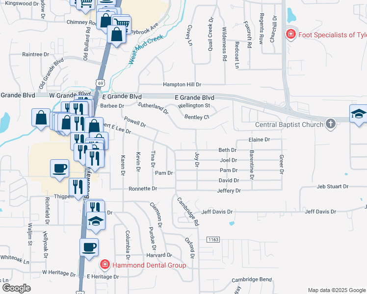 map of restaurants, bars, coffee shops, grocery stores, and more near 612 Beth Drive in Tyler