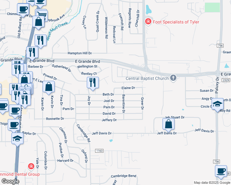 map of restaurants, bars, coffee shops, grocery stores, and more near 810 Beth Drive in Tyler