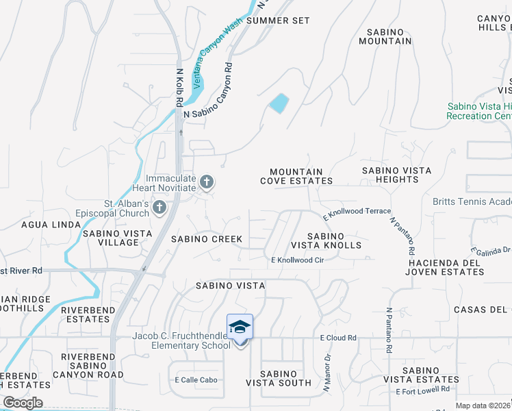 map of restaurants, bars, coffee shops, grocery stores, and more near 7522 East Knollwood Place in Tucson