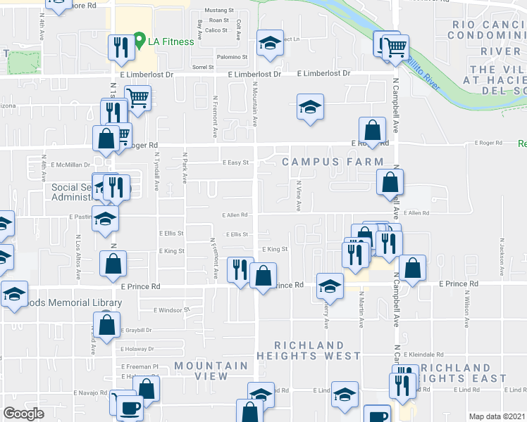 map of restaurants, bars, coffee shops, grocery stores, and more near 1302 East Allen Road in Tucson