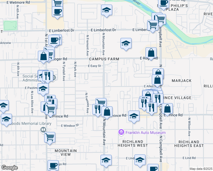 map of restaurants, bars, coffee shops, grocery stores, and more near 1302 East Allen Road in Tucson