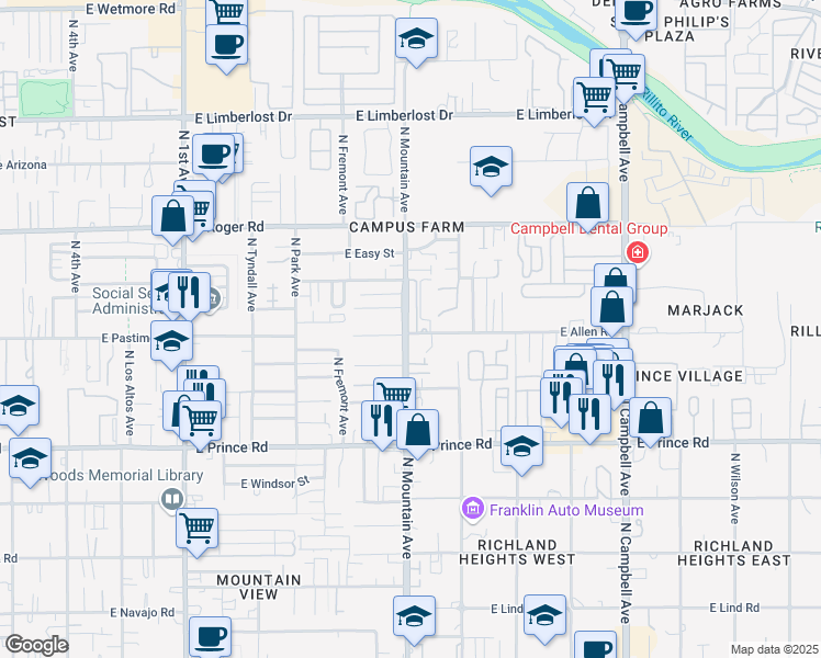 map of restaurants, bars, coffee shops, grocery stores, and more near 1302 East Allen Road in Tucson