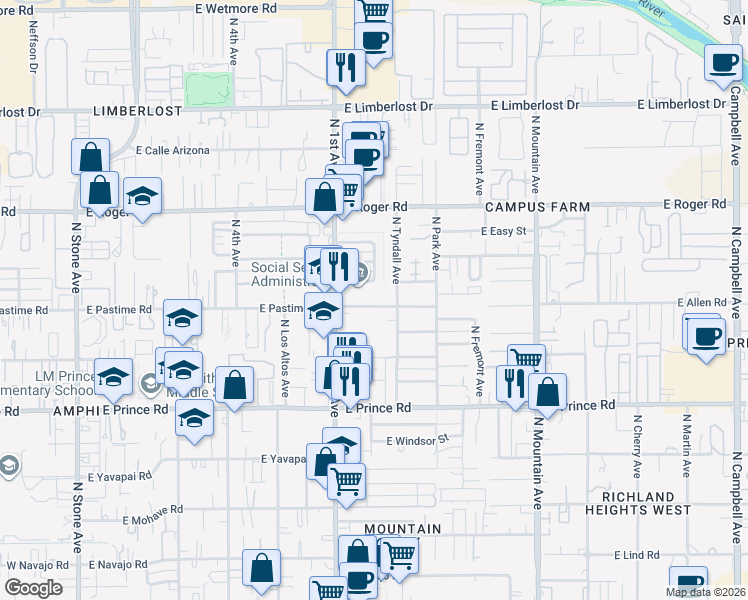 map of restaurants, bars, coffee shops, grocery stores, and more near 740 East Pastime Road in Tucson