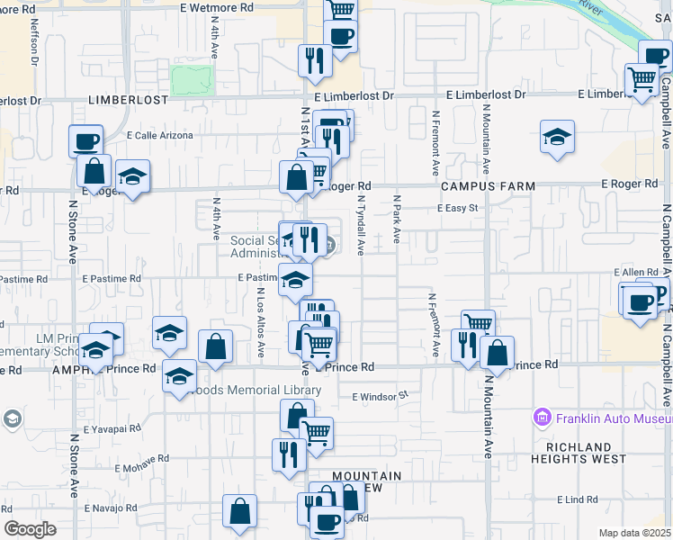 map of restaurants, bars, coffee shops, grocery stores, and more near 740 East Pastime Road in Tucson