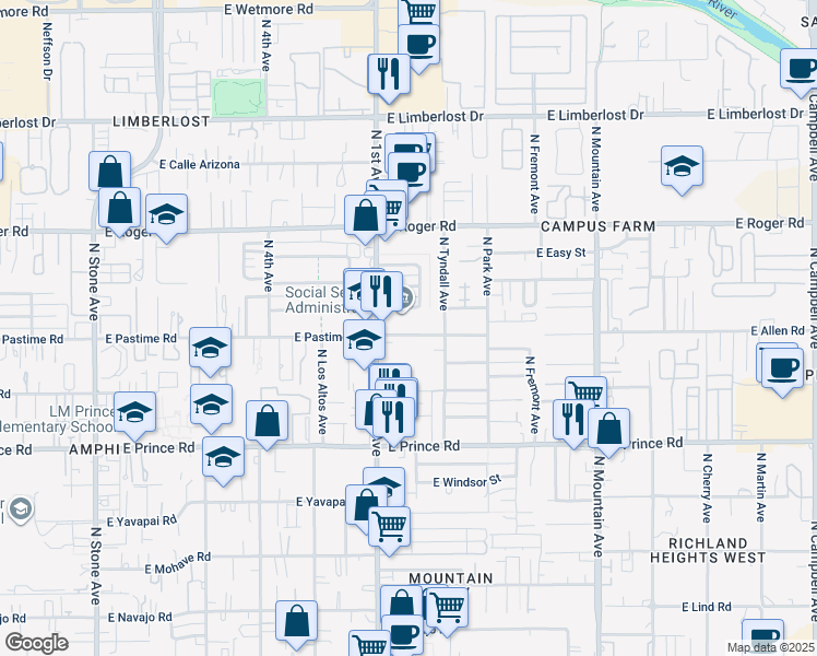 map of restaurants, bars, coffee shops, grocery stores, and more near 740 East Pastime Road in Tucson