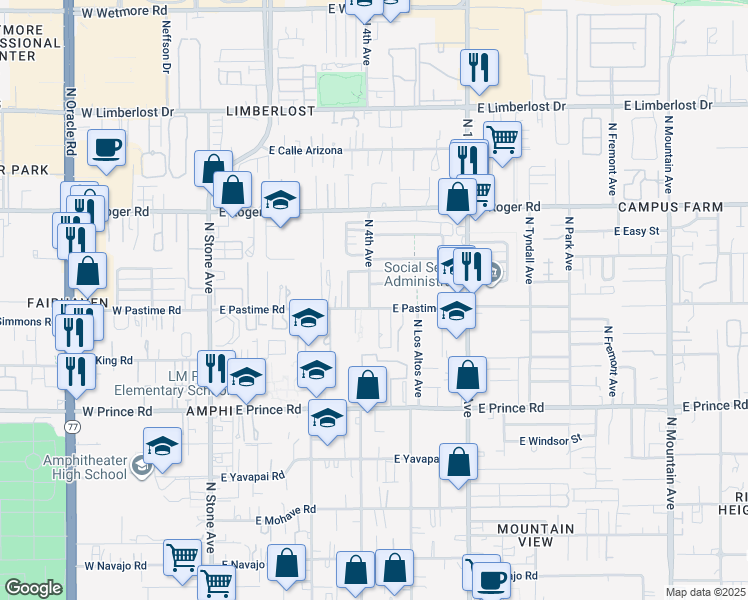 map of restaurants, bars, coffee shops, grocery stores, and more near 400 East Pastime Road in Tucson