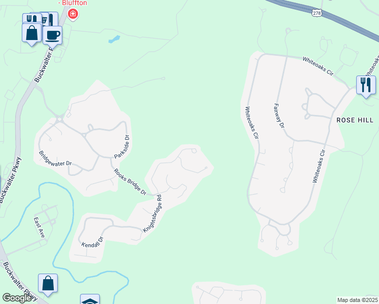 map of restaurants, bars, coffee shops, grocery stores, and more near 109 Knightsbridge Road in Bluffton