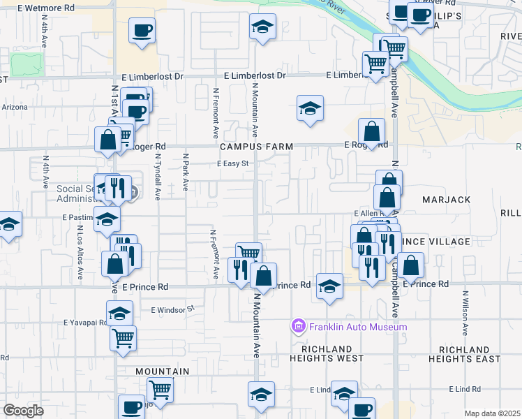map of restaurants, bars, coffee shops, grocery stores, and more near 1302 East Allen Road in Tucson