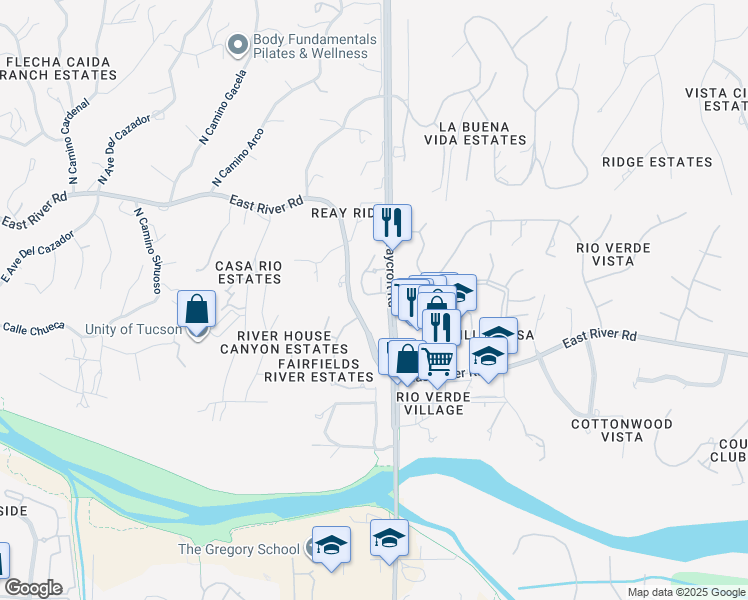 map of restaurants, bars, coffee shops, grocery stores, and more near 5419 East River Road in Tucson