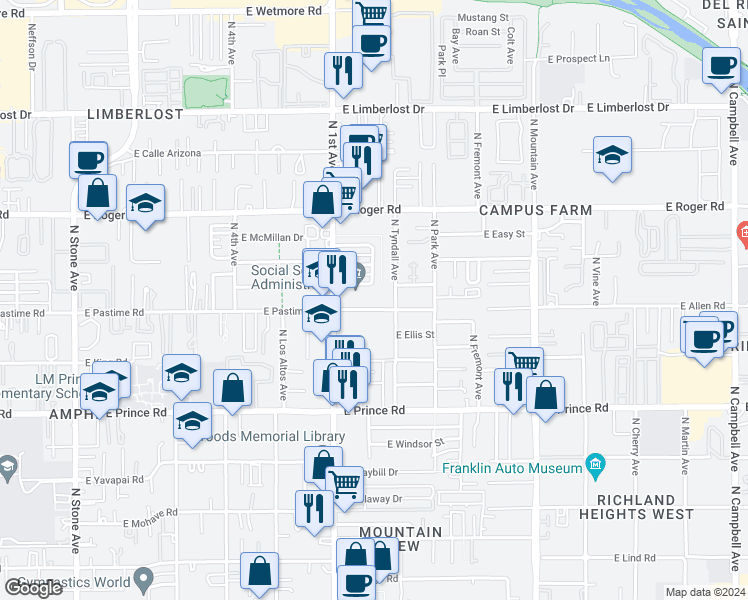 map of restaurants, bars, coffee shops, grocery stores, and more near 740 East Pastime Road in Tucson