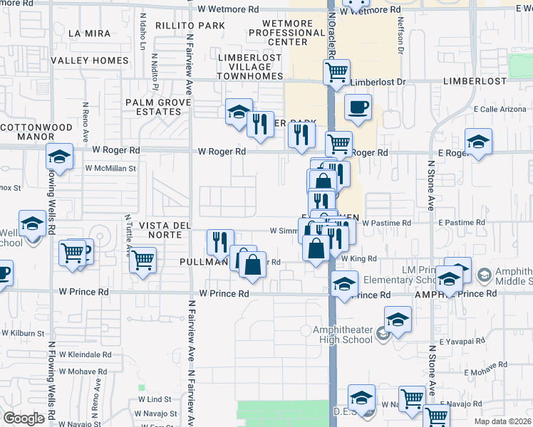 map of restaurants, bars, coffee shops, grocery stores, and more near 620 West Simmons Road in Tucson