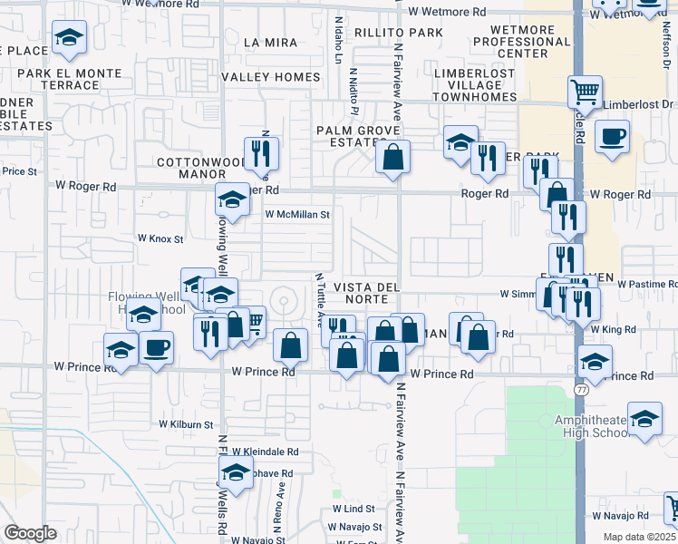 map of restaurants, bars, coffee shops, grocery stores, and more near 1046 West Simmons Street in Tucson