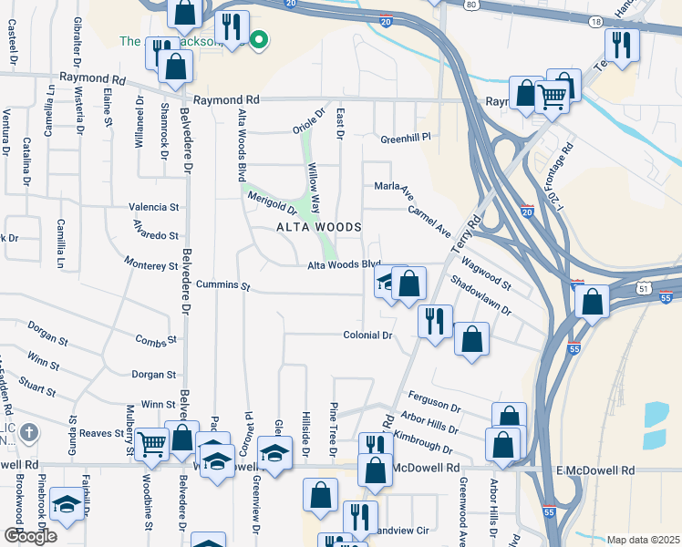 map of restaurants, bars, coffee shops, grocery stores, and more near 344 Cummins Street in Jackson
