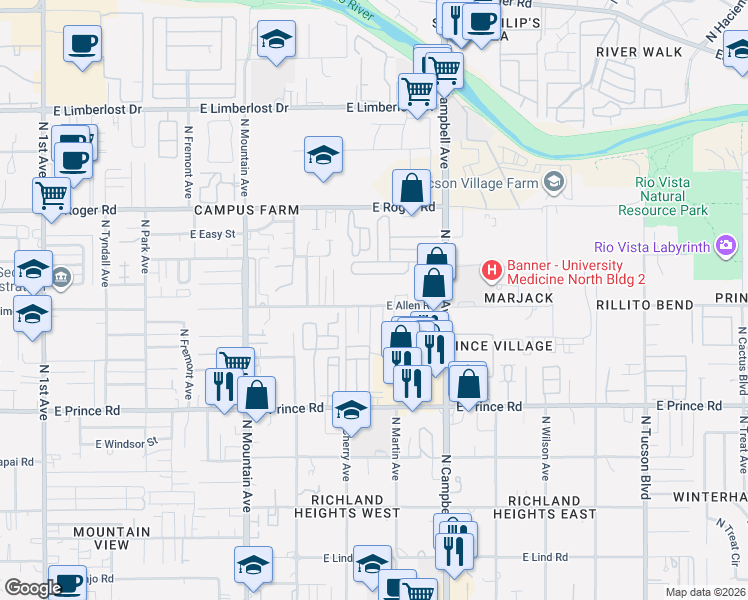 map of restaurants, bars, coffee shops, grocery stores, and more near 3762 North Cherry Avenue in Tucson