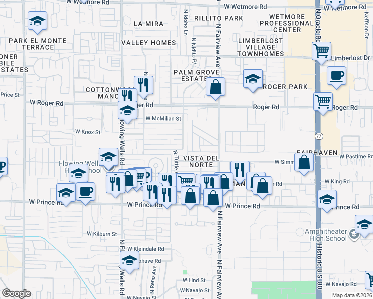 map of restaurants, bars, coffee shops, grocery stores, and more near 1046 West Simmons Street in Tucson