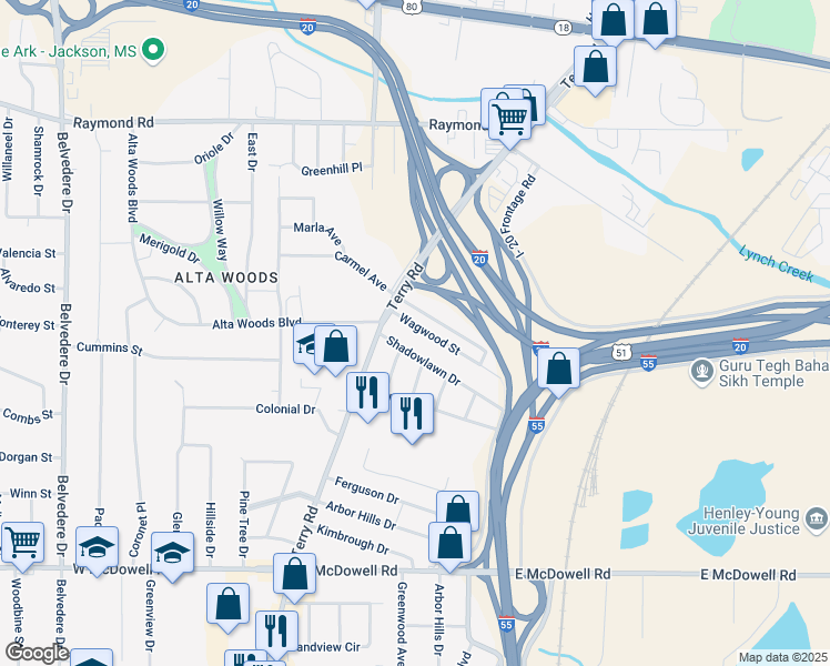 map of restaurants, bars, coffee shops, grocery stores, and more near 160 Shadowlawn Drive in Jackson