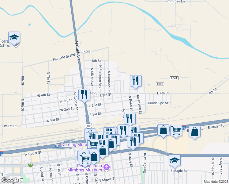 map of restaurants, bars, coffee shops, grocery stores, and more near 400-498 E 3rd St in Deming