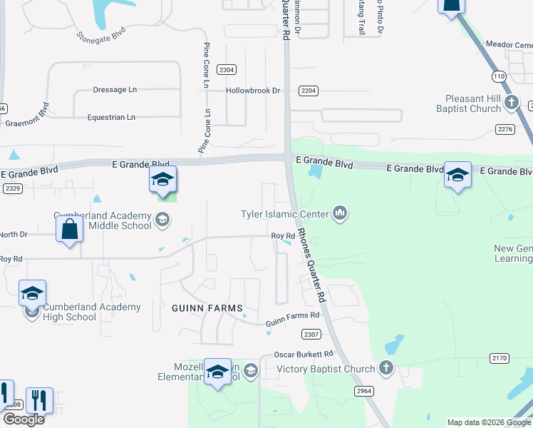 map of restaurants, bars, coffee shops, grocery stores, and more near 2816 Roy Road in Tyler