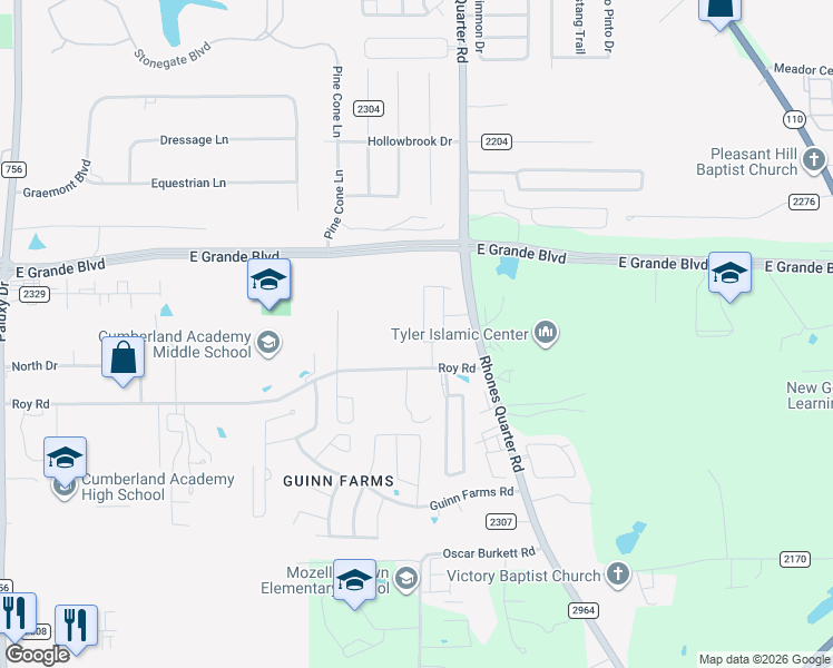 map of restaurants, bars, coffee shops, grocery stores, and more near 2816 Roy Road in Tyler