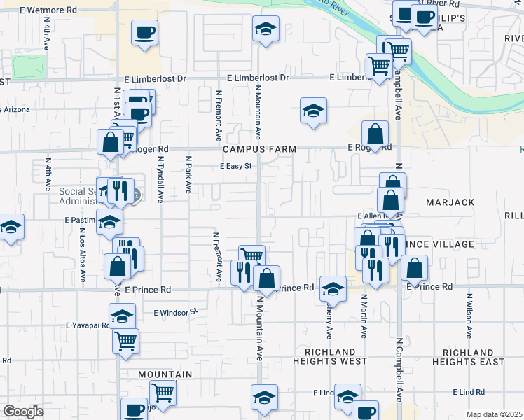 map of restaurants, bars, coffee shops, grocery stores, and more near 1302 East Allen Road in Tucson