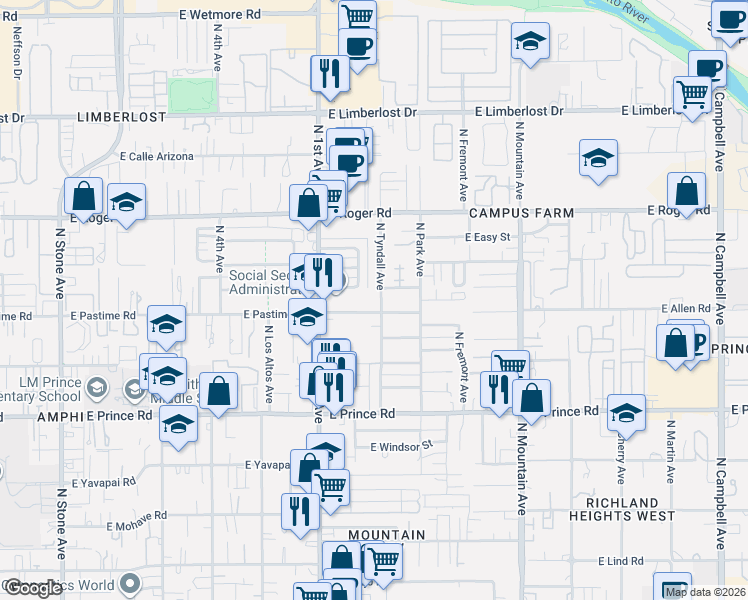 map of restaurants, bars, coffee shops, grocery stores, and more near 908 East Pastime Road in Tucson