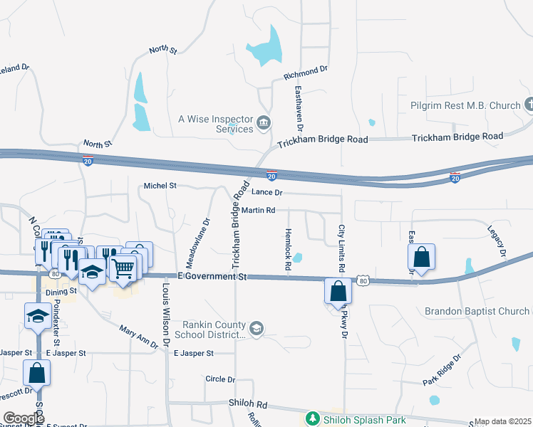 map of restaurants, bars, coffee shops, grocery stores, and more near 110 Trickham Bridge Road in Brandon