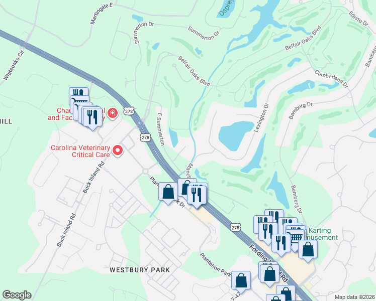 map of restaurants, bars, coffee shops, grocery stores, and more near 11 Manchester Court in Bluffton