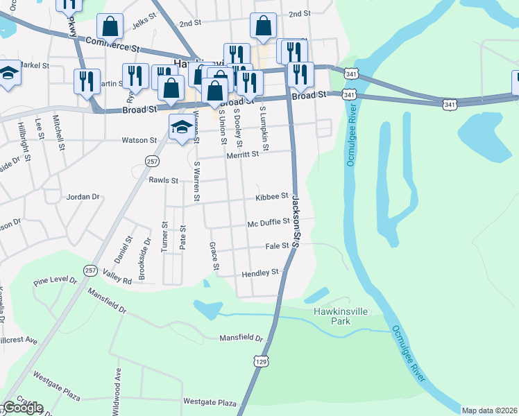 map of restaurants, bars, coffee shops, grocery stores, and more near 52 South Dooley Street in Hawkinsville