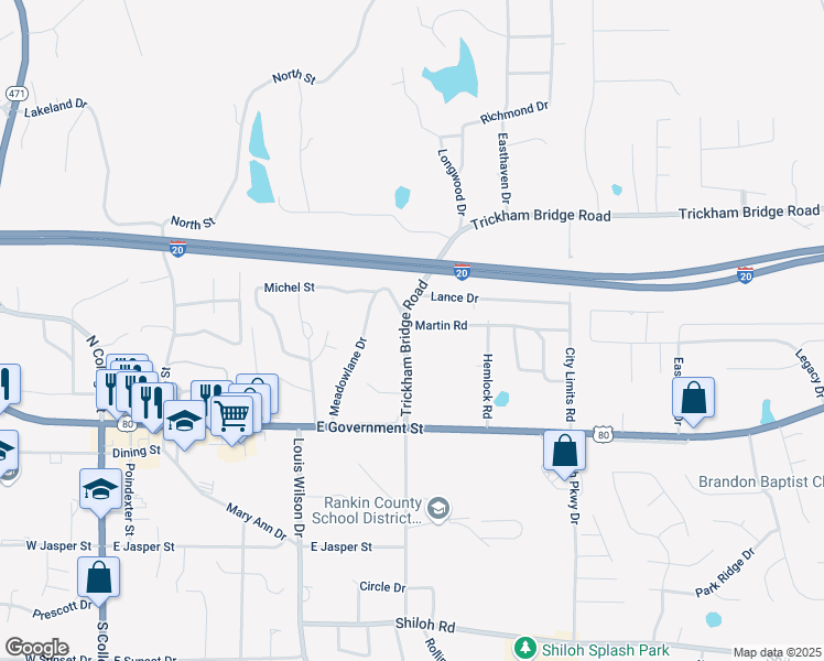 map of restaurants, bars, coffee shops, grocery stores, and more near 114 Trickham Bridge Road in Brandon
